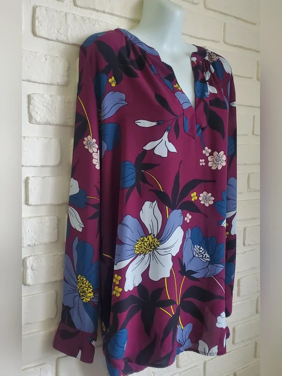 Loft Ann Taylor Flowy Tunic Blouse Long Sleeves Floral Plum Mulberry Wine Med - Picture 7 of 14